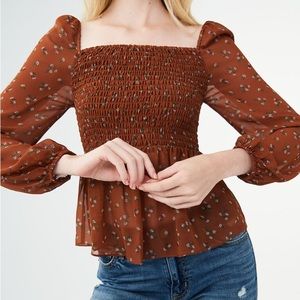 Aeropostale Long Sleeve Floral Smocked Top Sheer Brown size XS